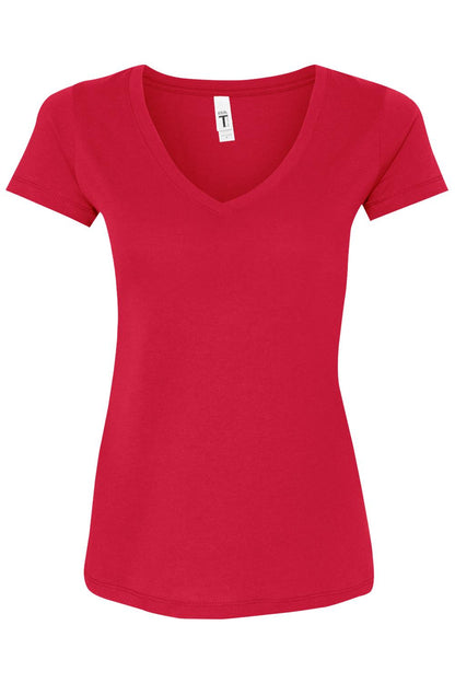 Red Next Level Women's Ideal V-neck t-shirt made from a soft cotton blend with a flattering, fitted silhouette.