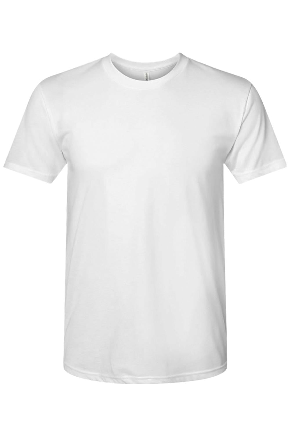 Plain white Next Level tri-blend crew neck t-shirt made from a soft, lightweight polyester, cotton, and rayon blend.