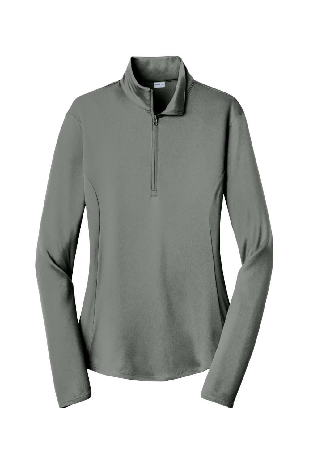 Grey Sport-Tek ladies' moisture-wicking 1/4-zip pullover with a mock neck and fitted silhouette.