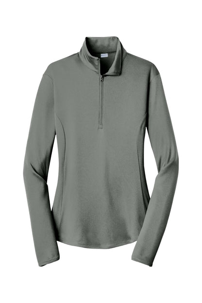 Grey Sport-Tek ladies' moisture-wicking 1/4-zip pullover with a mock neck and fitted silhouette.