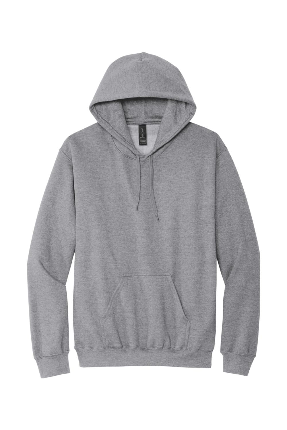 Grey Gildan Softstyle pullover hoodie with a drawstring hood, long sleeves, and a front kangaroo pocket.
