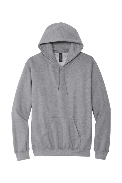 Grey Gildan Softstyle pullover hoodie with a drawstring hood, long sleeves, and a front kangaroo pocket.