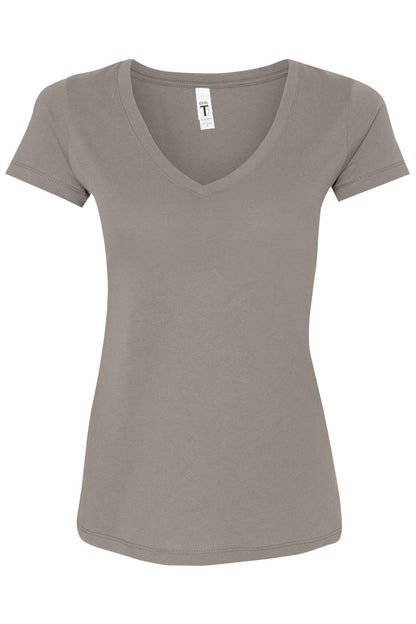 Women's grey Next Level Ideal V-neck t-shirt in a soft cotton blend with a flattering, fitted silhouette.