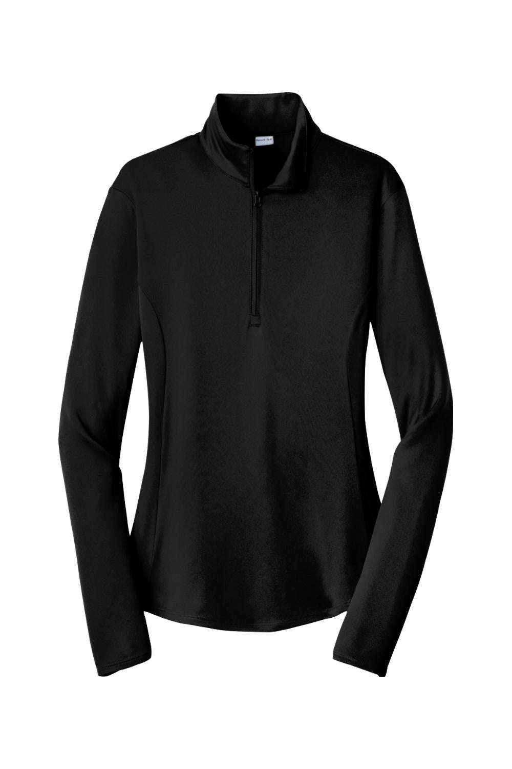 Black Sport-Tek ladies' moisture-wicking 1/4-zip pullover with a stand-up collar and relaxed fit design.