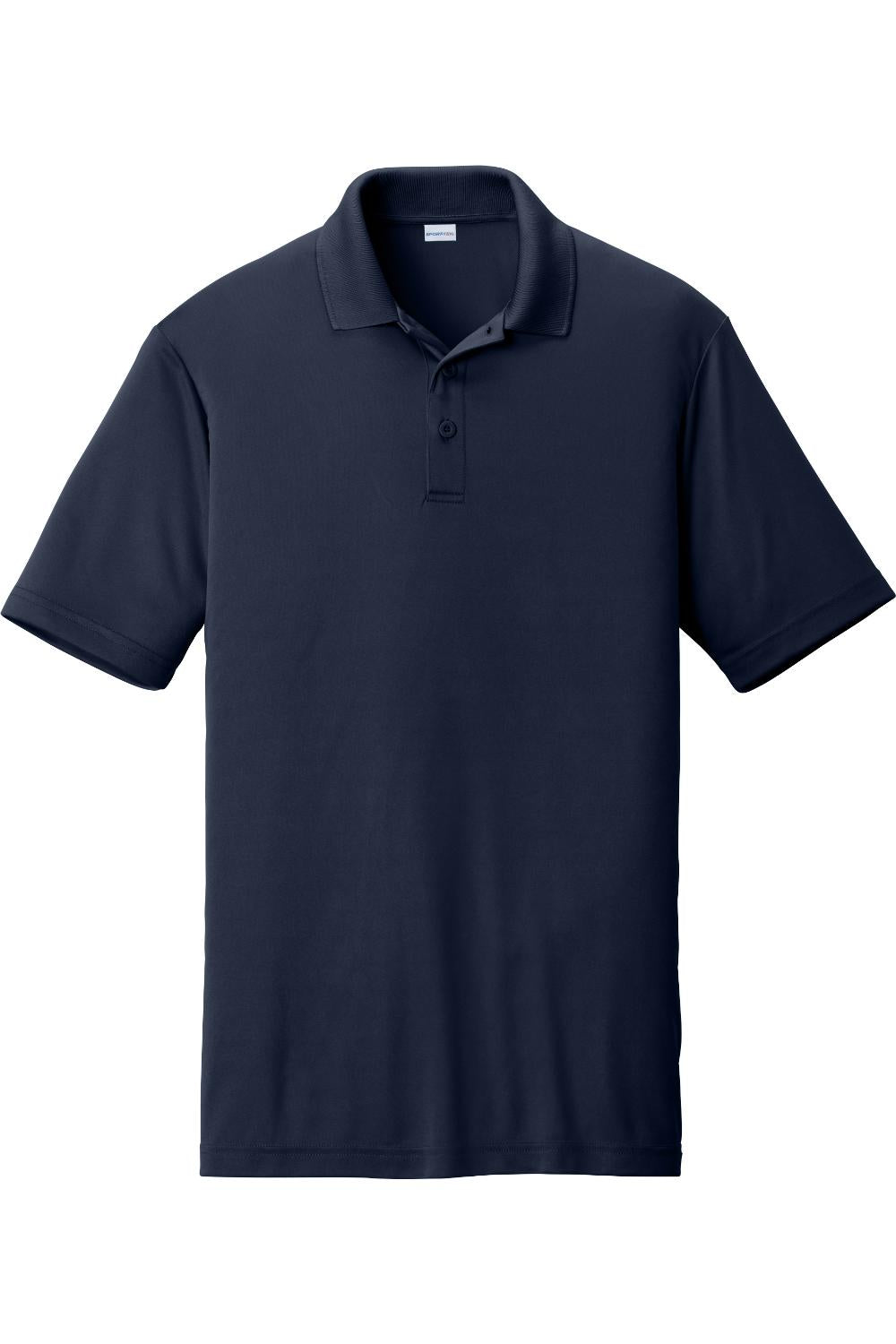 Navy blue Sport-Tek PosiCharge Competitor polo shirt with a flat knit collar, three-button placket, and open hem sleeves.