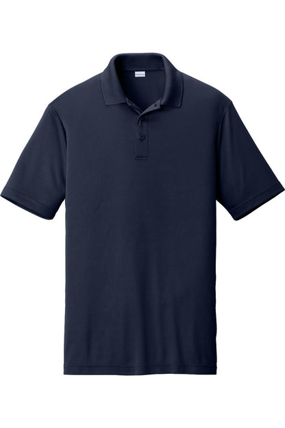 Navy blue Sport-Tek PosiCharge Competitor polo shirt with a flat knit collar, three-button placket, and open hem sleeves.