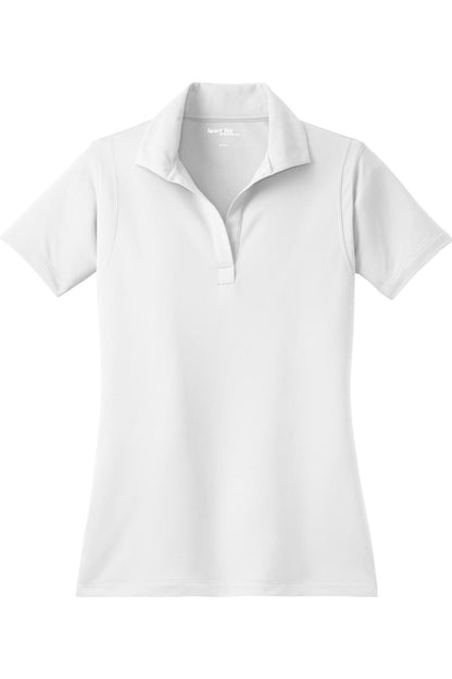 White Sport-Tek ladies micropique polo shirt with a flat collar and moisture-wicking fabric in a relaxed fit.