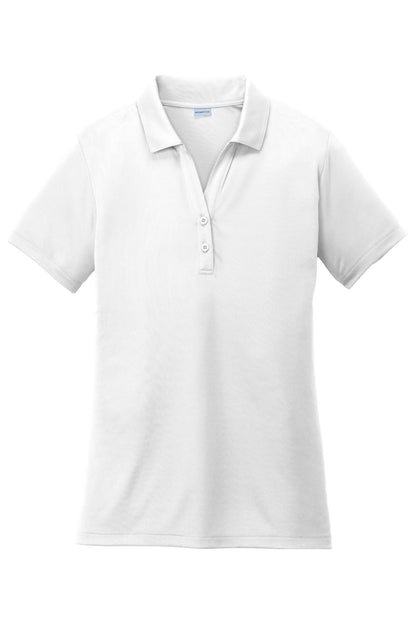 White Sport-Tek ladies moisture-wicking polo with a self-fabric collar and two-button placket.