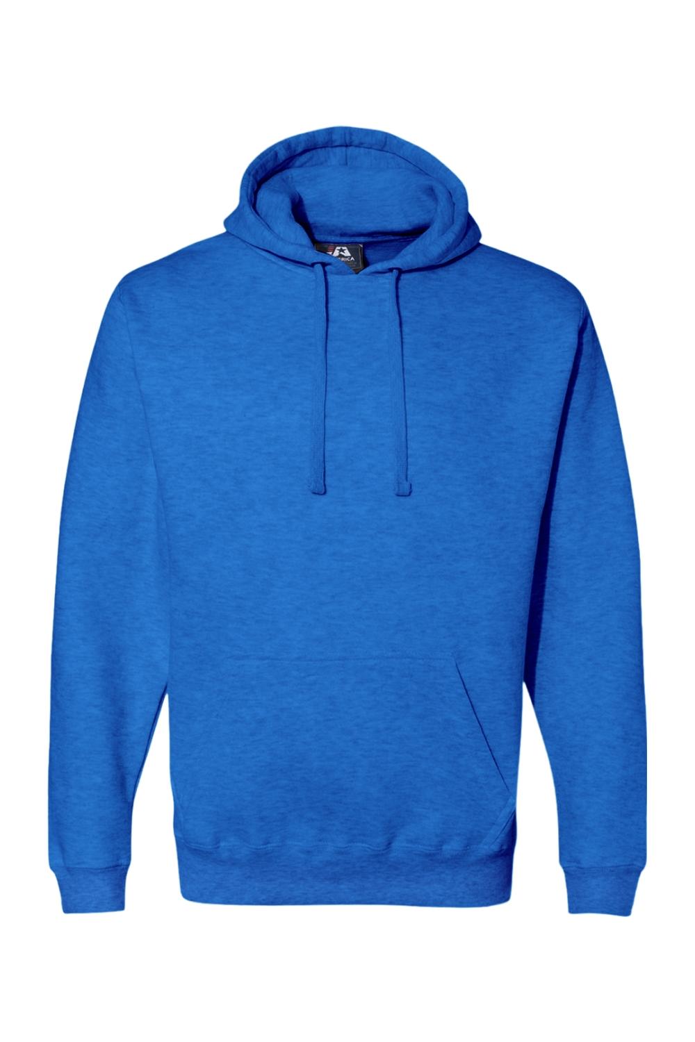 Royal blue J America premium fleece pullover hoodie with a drawstring hood and front kangaroo pocket.