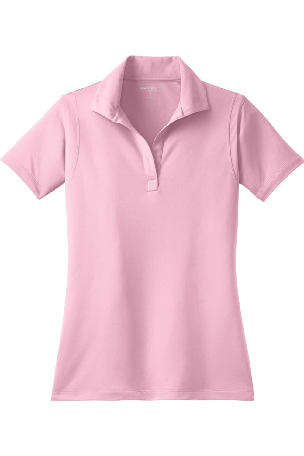 Light pink Sport-Tek ladies' micropique polo shirt with a breathable moisture-wicking fabric and a classic open V-neck collar.