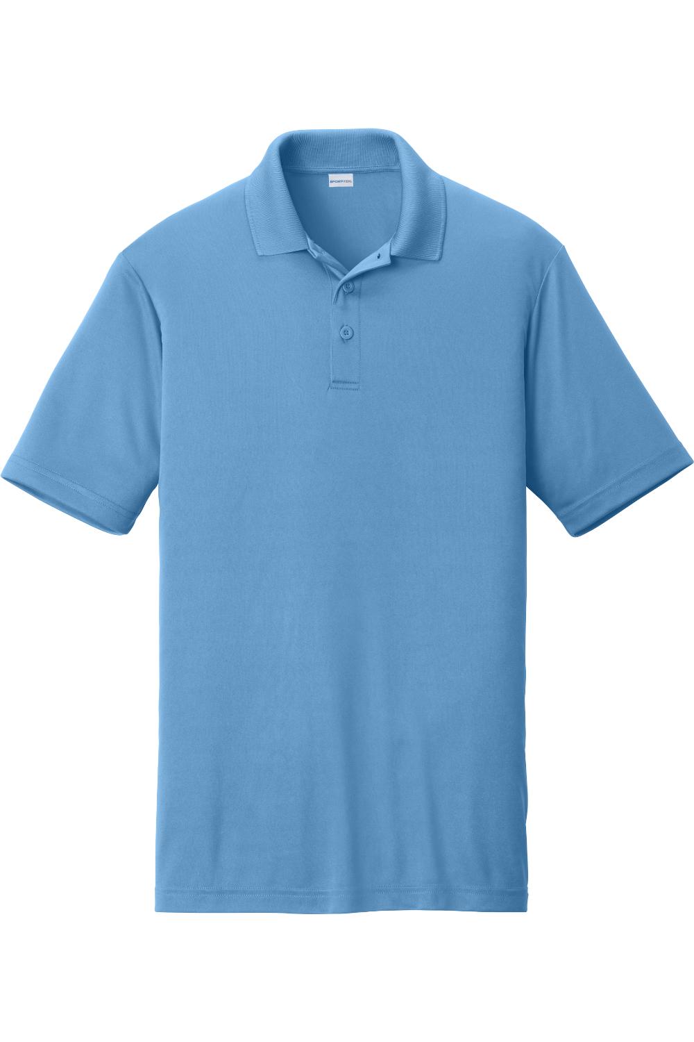 Light blue Sport-Tek PosiCharge Competitor polo shirt with a flat knit collar, three-button placket, and open hem sleeves.