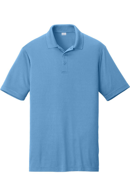 Light blue Sport-Tek PosiCharge Competitor polo shirt with a flat knit collar, three-button placket, and open hem sleeves.