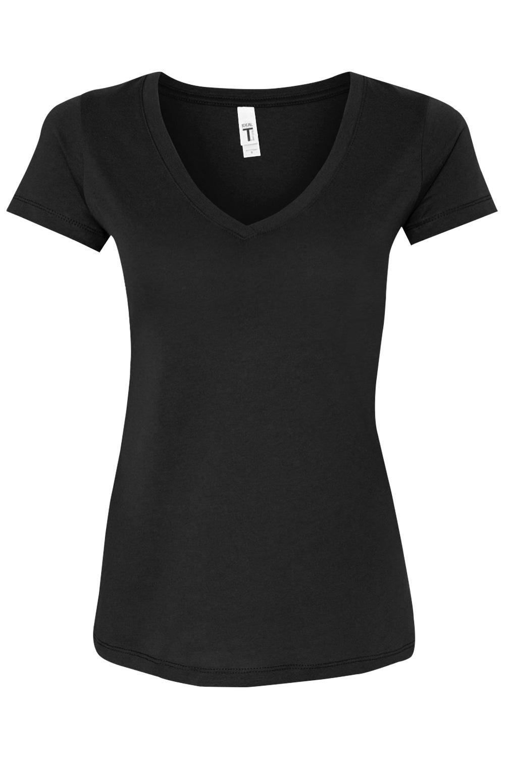 Black Next Level women's V-neck t-shirt in a soft cotton blend with a flattering, fitted silhouette.