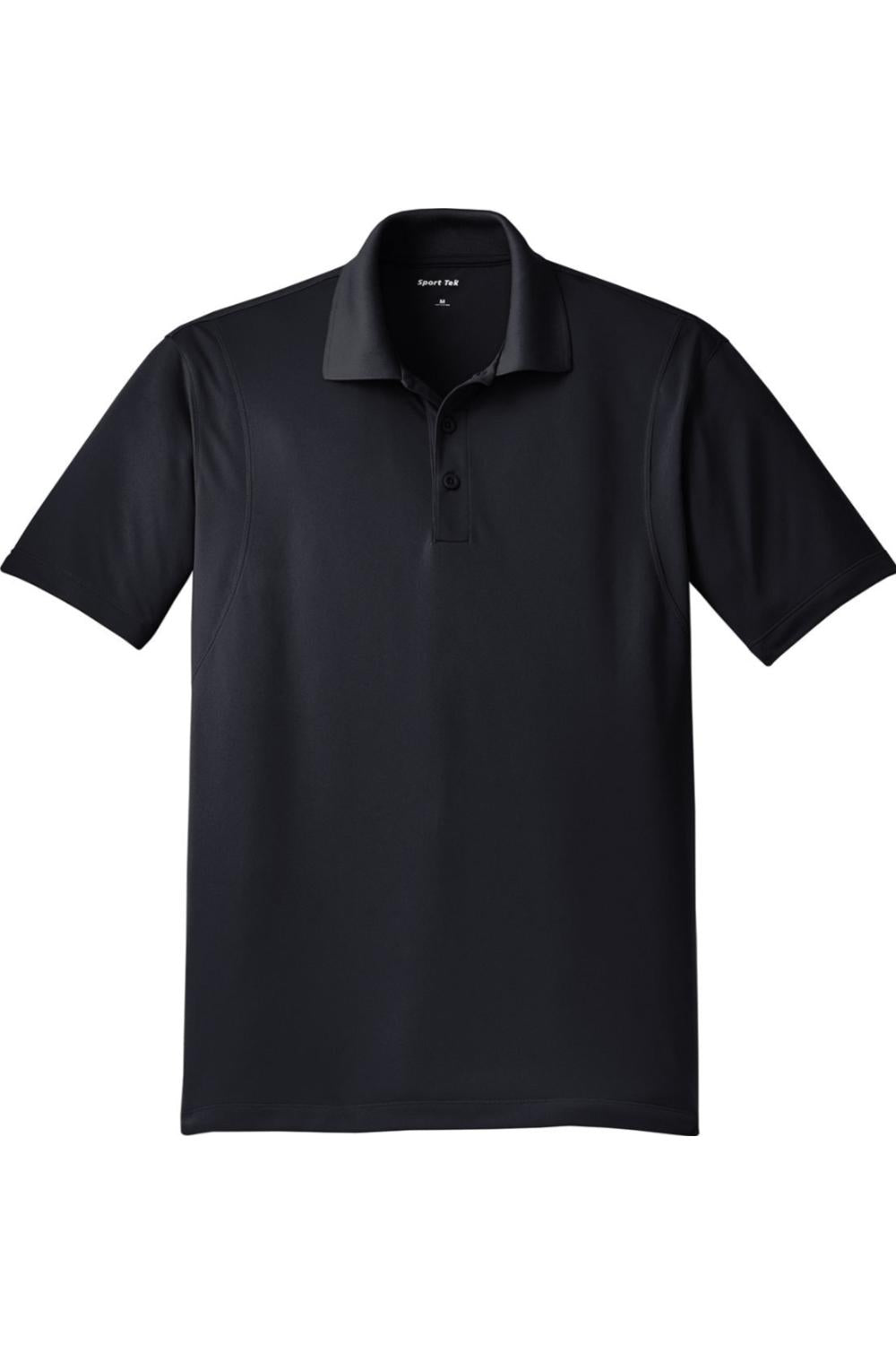 Black Sport-Tek Micropique moisture-wicking polo shirt with a three-button placket and short sleeves.