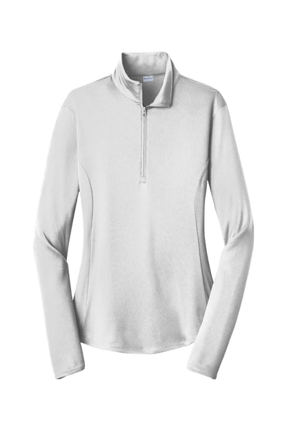 Light grey Sport-Tek ladies 1/4-zip pullover in moisture-wicking fabric with a mock neck and fitted silhouette.