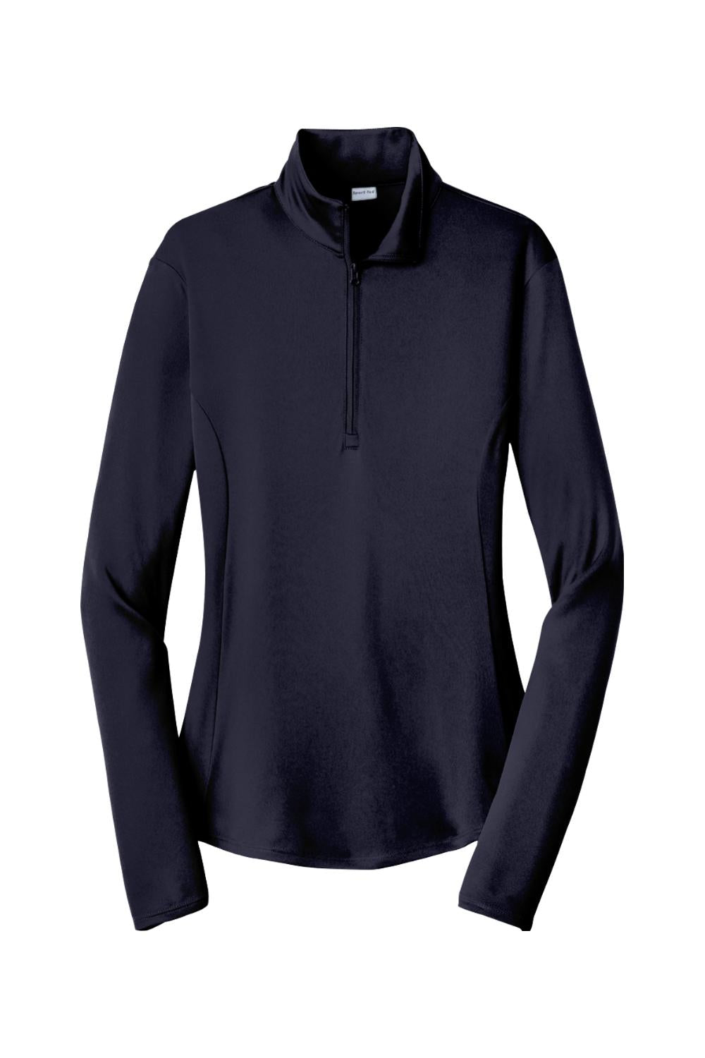 Ladies navy blue Sport-Tek moisture-wicking 1/4-zip pullover with a mock neck and fitted silhouette.