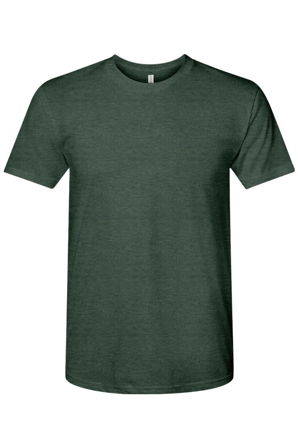 Dark green Next Level tri-blend crewneck t-shirt with a soft, heathered texture and short sleeves.