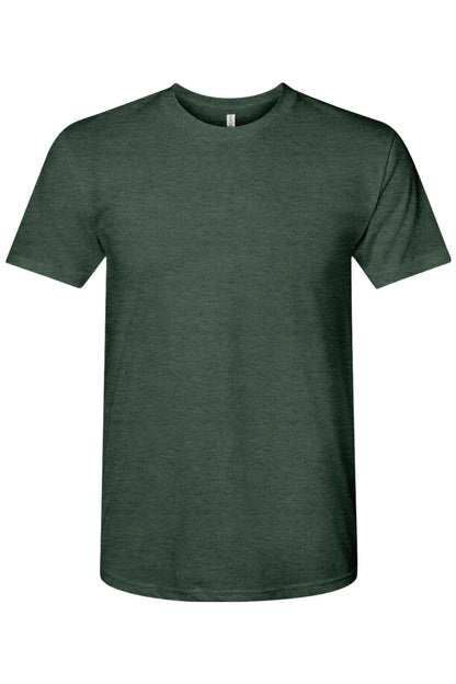 Dark green Next Level tri-blend crewneck t-shirt with a soft, heathered texture and short sleeves.