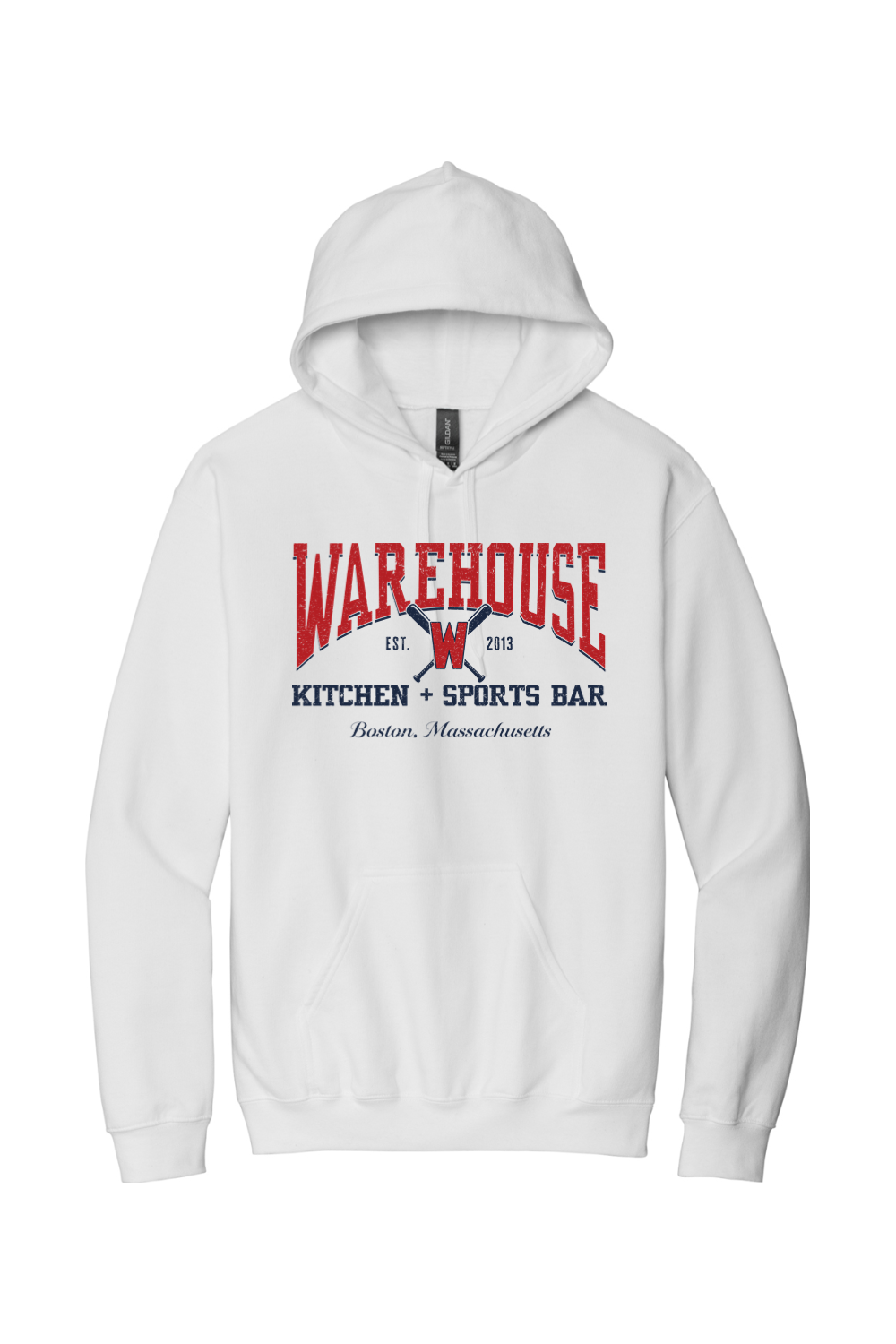 Warehouse Kitchen + Sports Bar Baseball Navy & Red on Hoodie - Unisex