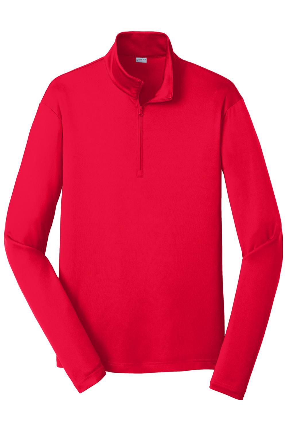 Bright red Sport-Tek PosiCharge 1/4-zip pullover with a mock neck collar and long sleeves in a lightweight fabric.