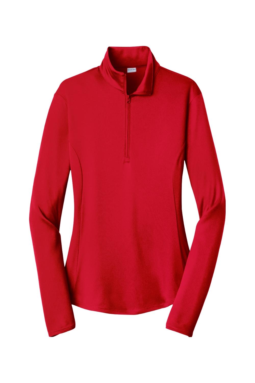 Ladies red Sport-Tek PosiCharge Competitor 1/4-zip pullover with moisture-wicking fabric and a relaxed fit.