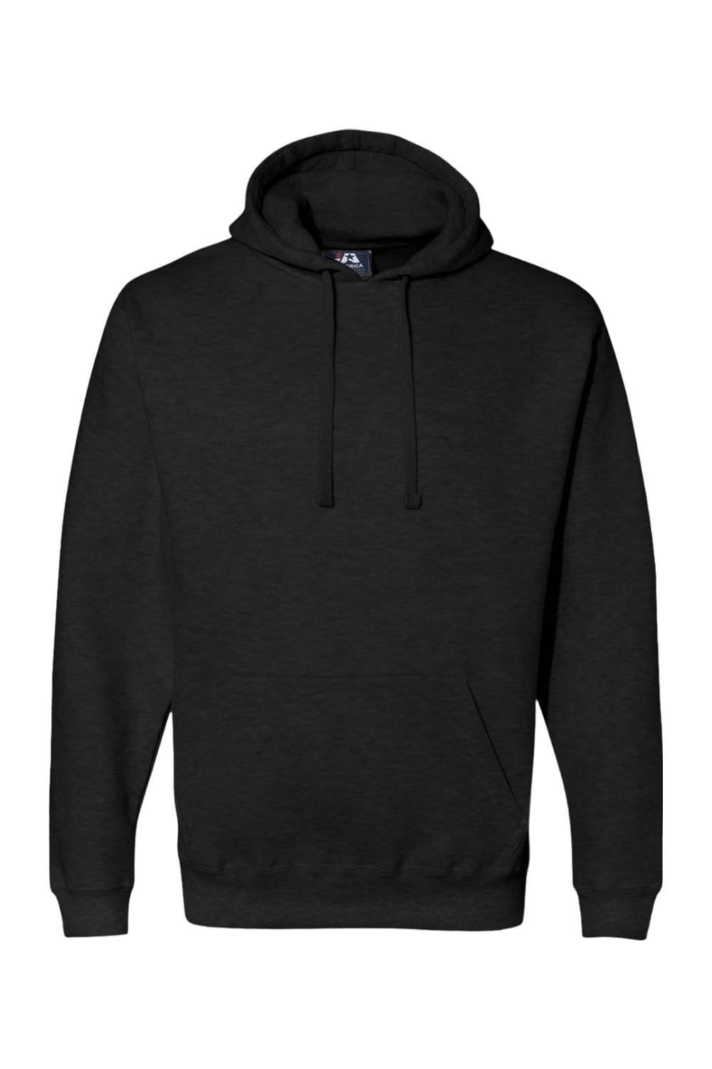 Black J America premium fleece pullover hoodie with a drawstring hood and front kangaroo pocket.