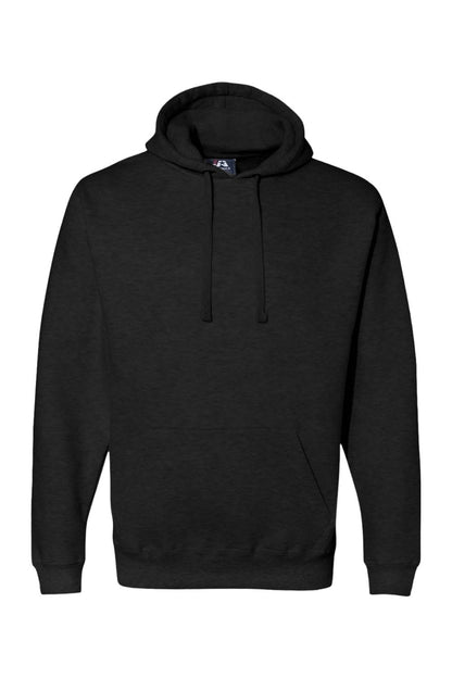 Black J America premium fleece pullover hoodie with a drawstring hood and front kangaroo pocket.