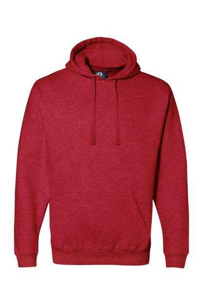 Red J America premium fleece pullover hoodie with a drawstring hood and front kangaroo pocket.