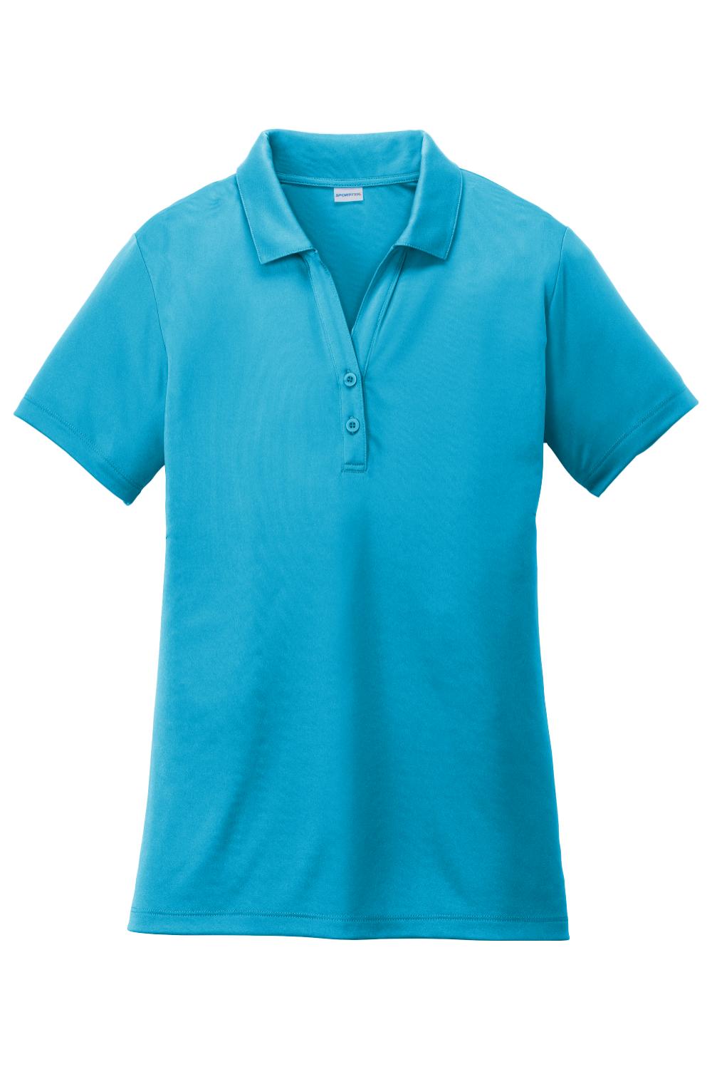 Bright blue Sport-Tek ladies moisture-wicking polo with a self-fabric collar and two-button placket.