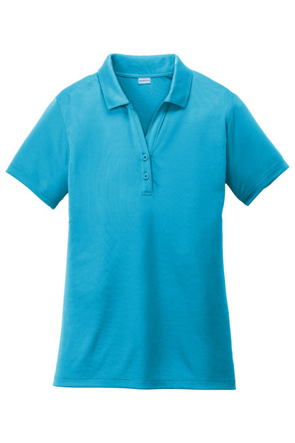 Bright blue Sport-Tek ladies moisture-wicking polo with a self-fabric collar and two-button placket.