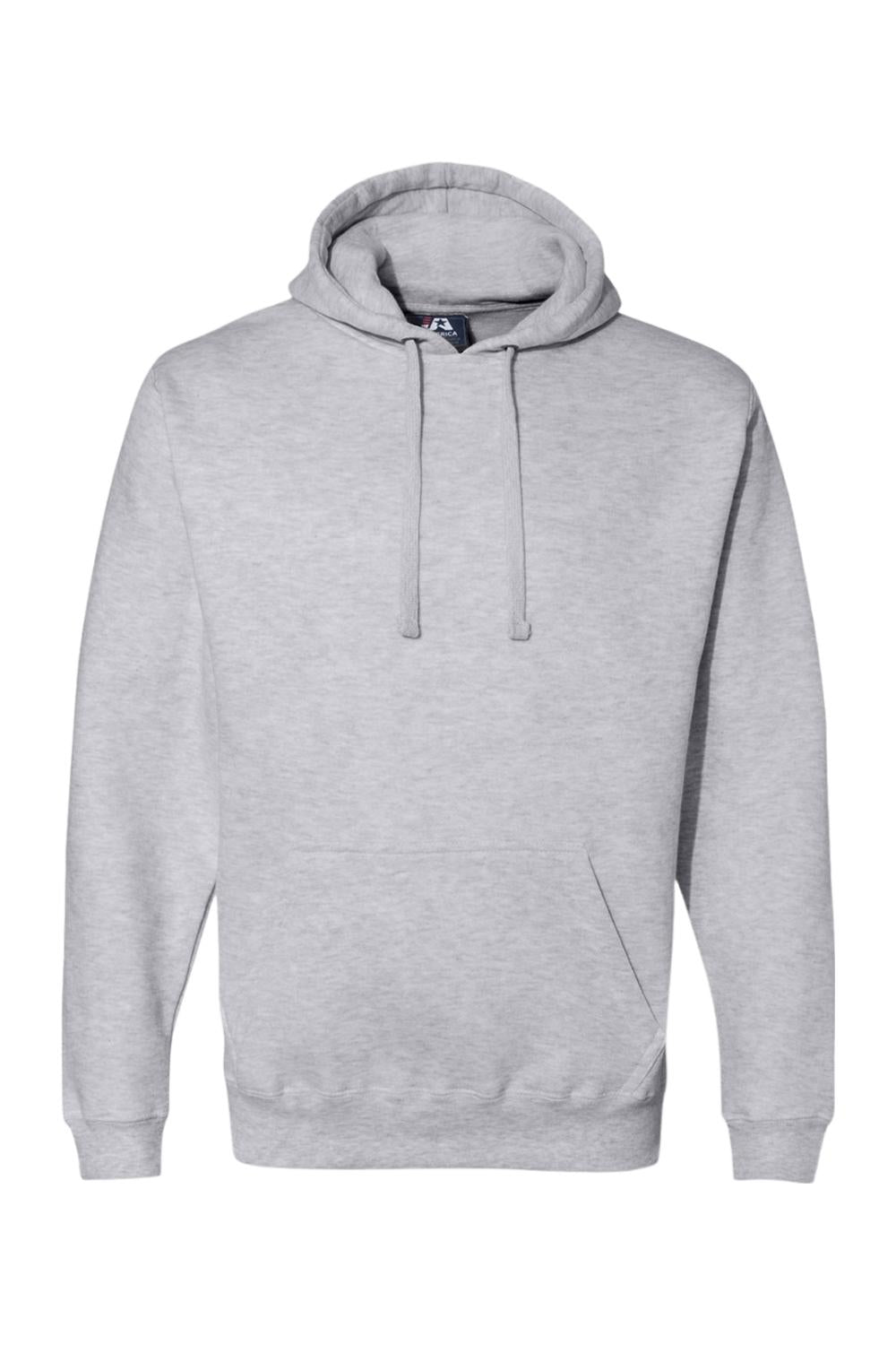 Light grey J America premium fleece pullover hoodie with a drawstring hood and front kangaroo pocket.