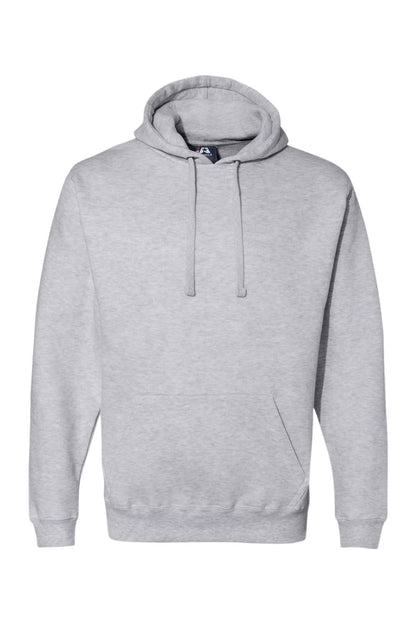 Light grey J America premium fleece pullover hoodie with a drawstring hood and front kangaroo pocket.