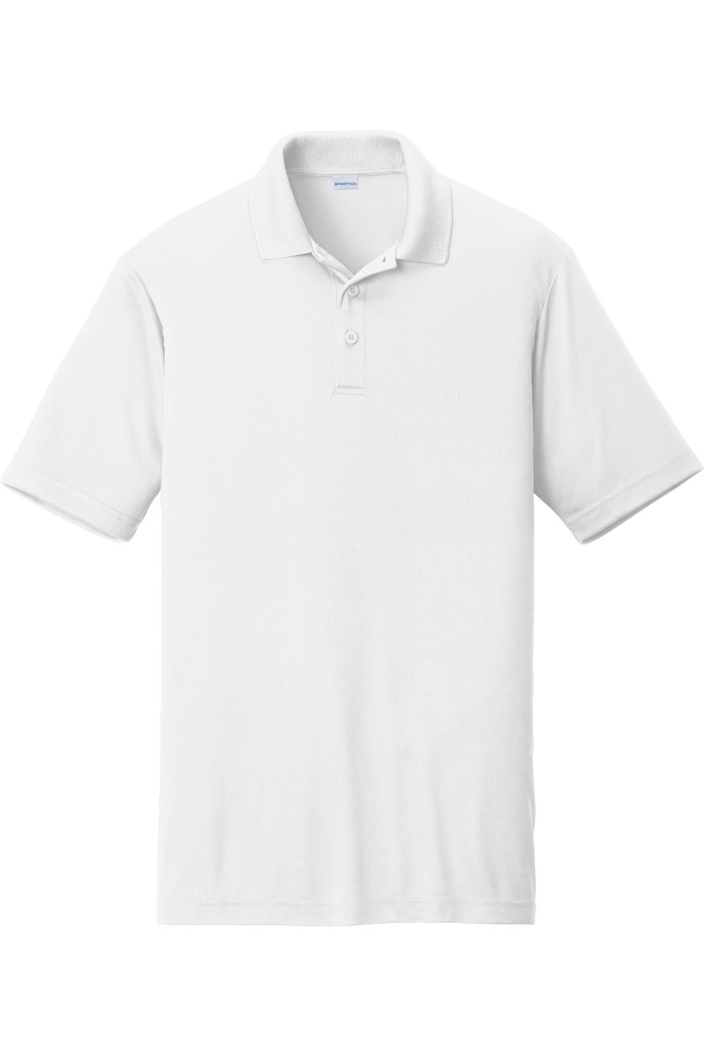 White Sport-Tek PosiCharge Competitor polo shirt with a flat knit collar, three-button placket, and open hem sleeves.