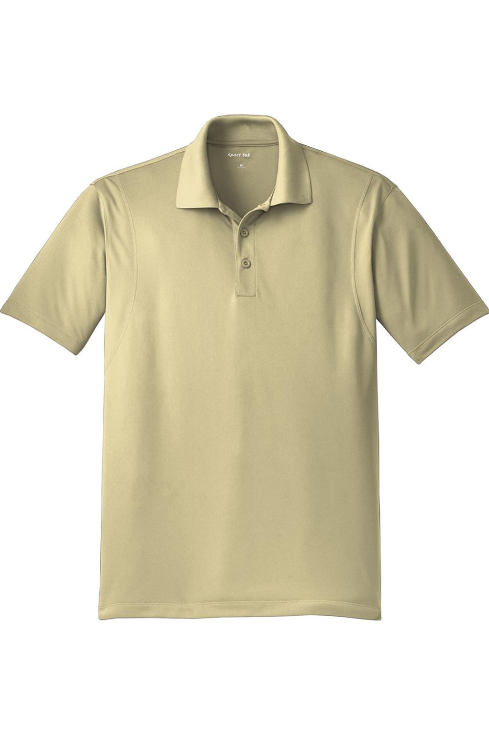 Tan Sport-Tek Micropique moisture-wicking polo shirt with a classic collar and three-button placket.