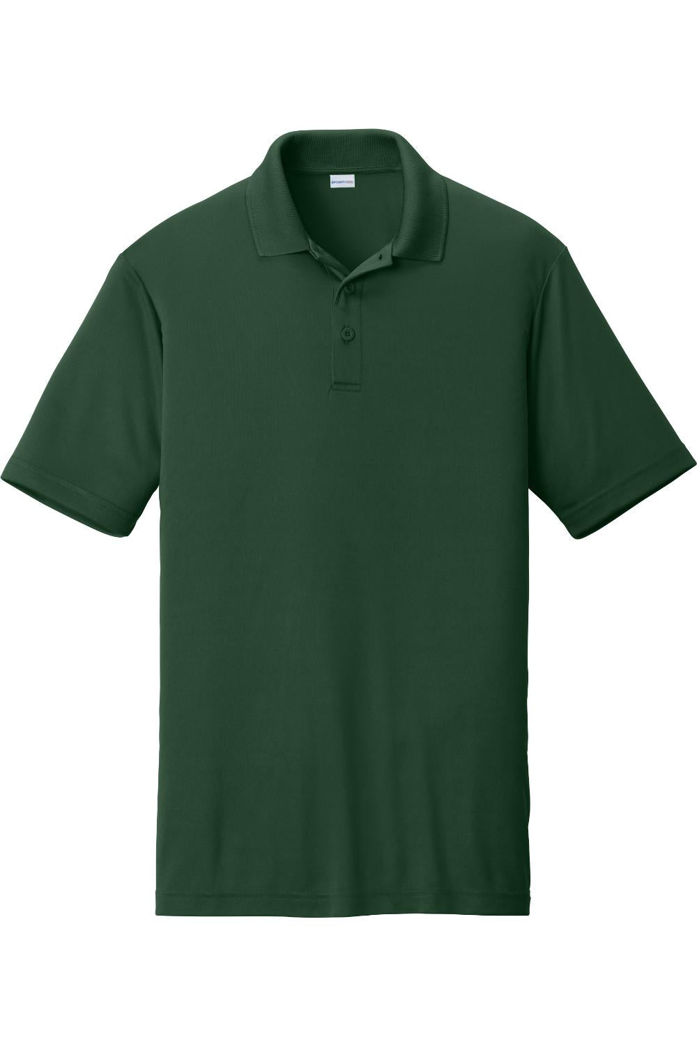 Forest green Sport-Tek PosiCharge Competitor polo shirt with a flat knit collar, three-button placket, and open hem.