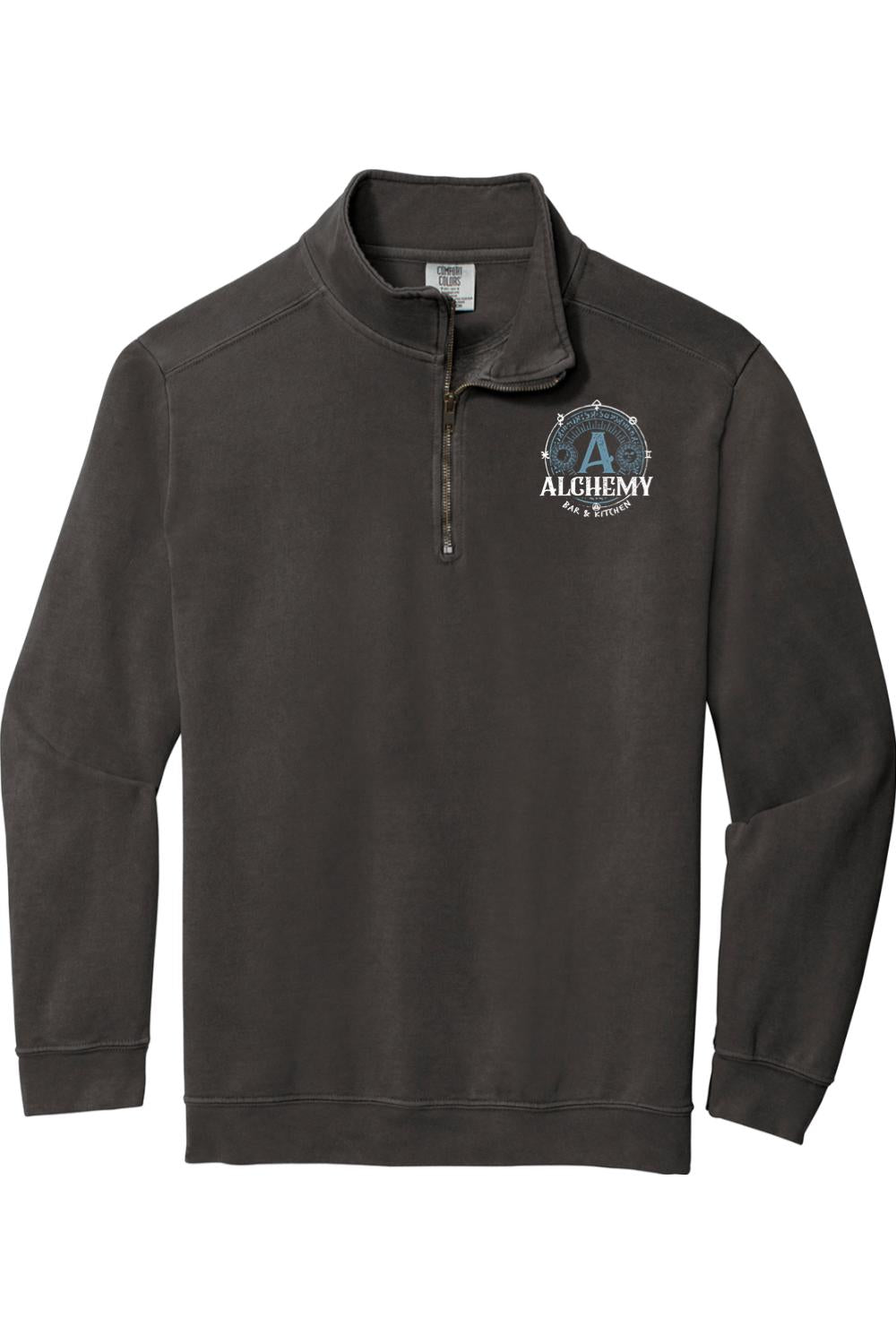 Charcoal grey Comfort Colors 1/4-zip sweatshirt featuring an Alchemy Bar & Kitchen logo on the left chest.