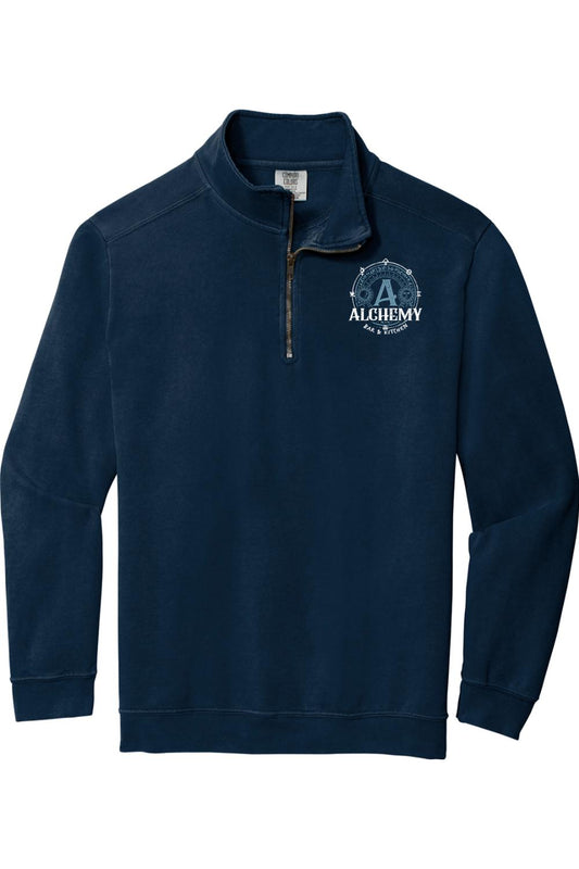 Navy blue Comfort Colors 1/4-zip sweatshirt featuring an Alchemy Bar & Kitchen logo on the chest.