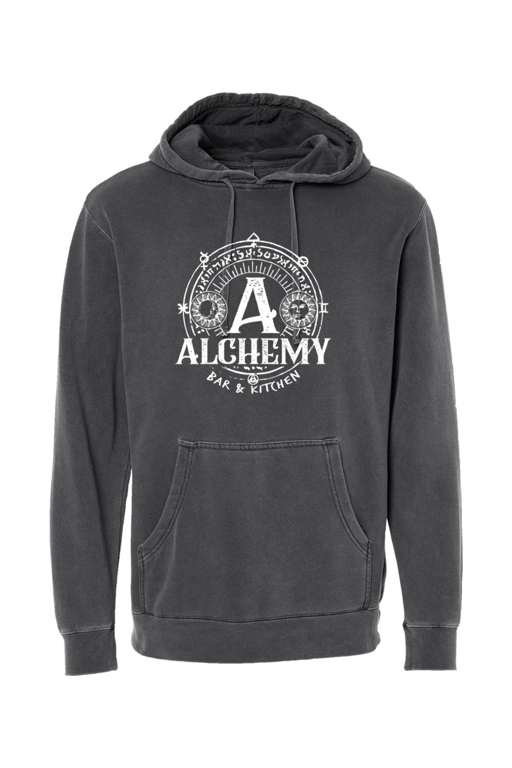 Charcoal pigment-dyed hoodie with white Alchemy Bar & Kitchen graphic print and front kangaroo pocket.