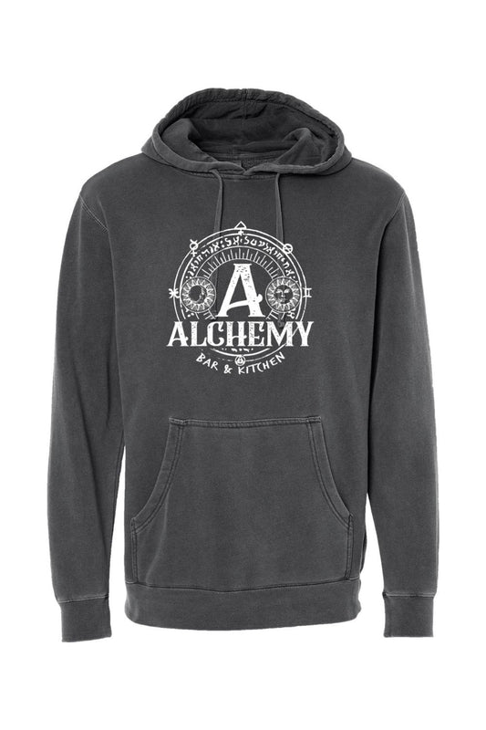 Charcoal pigment-dyed hoodie with white Alchemy Bar & Kitchen graphic print and front kangaroo pocket.