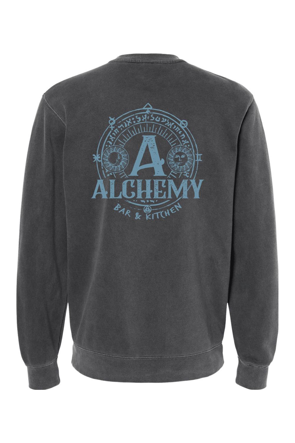 Charcoal pigment-dyed crewneck sweatshirt featuring a blue Alchemy Bar & Kitchen circular graphic on the back.