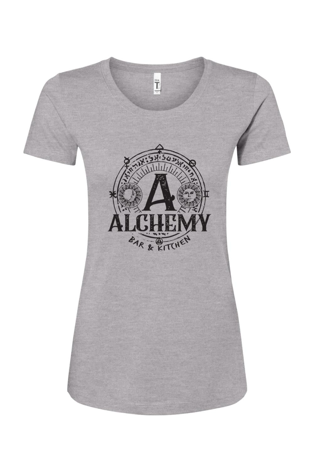 Heather grey women's t-shirt featuring a black Alchemy Bar & Kitchen logo with sun and moon celestial graphics.
