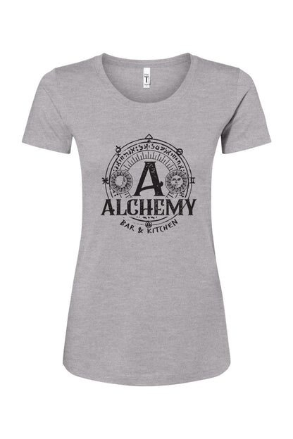 Heather grey women's t-shirt featuring a black Alchemy Bar & Kitchen logo with sun and moon celestial graphics.
