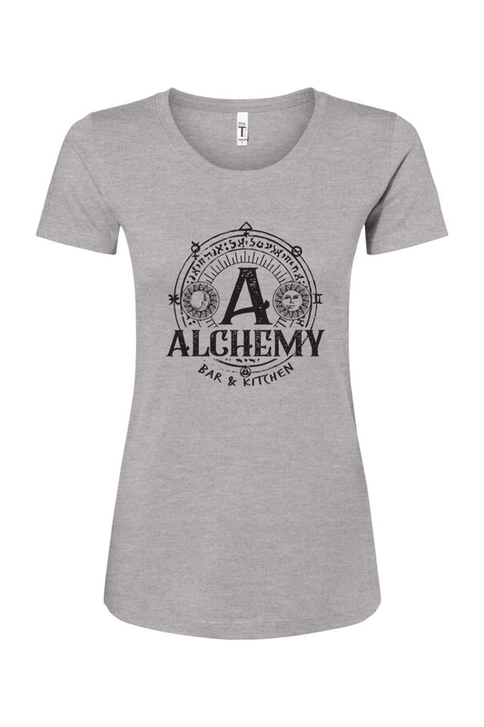 Heather grey women's t-shirt featuring a black Alchemy Bar & Kitchen logo with sun and moon celestial graphics.