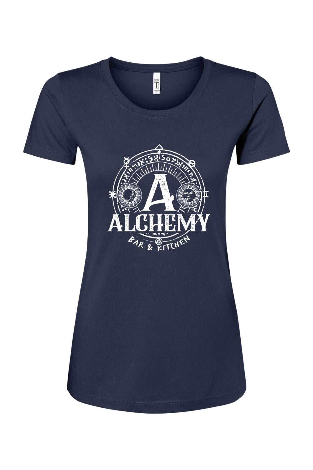 Navy blue women's cotton-blend t-shirt featuring a white circular Alchemy Bar & Kitchen logo with sun and moon icons.