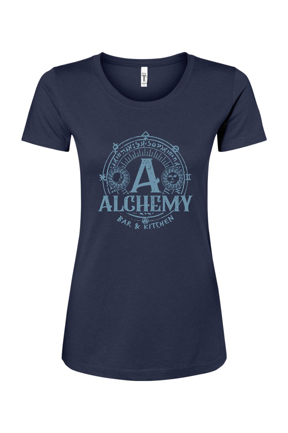 Navy blue women's crew neck t-shirt featuring a light blue Alchemy Bar & Kitchen logo graphic.