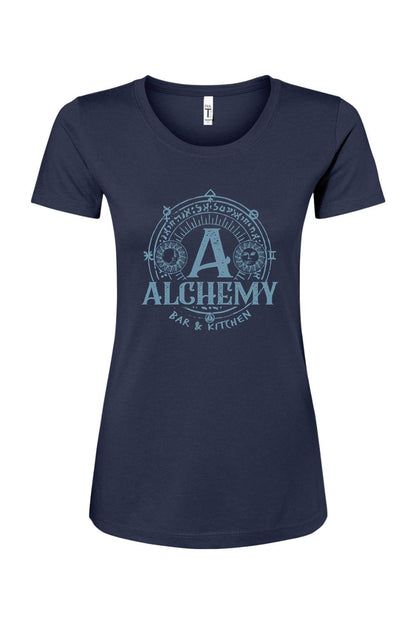 Navy blue women's crew neck t-shirt featuring a light blue Alchemy Bar & Kitchen logo graphic.