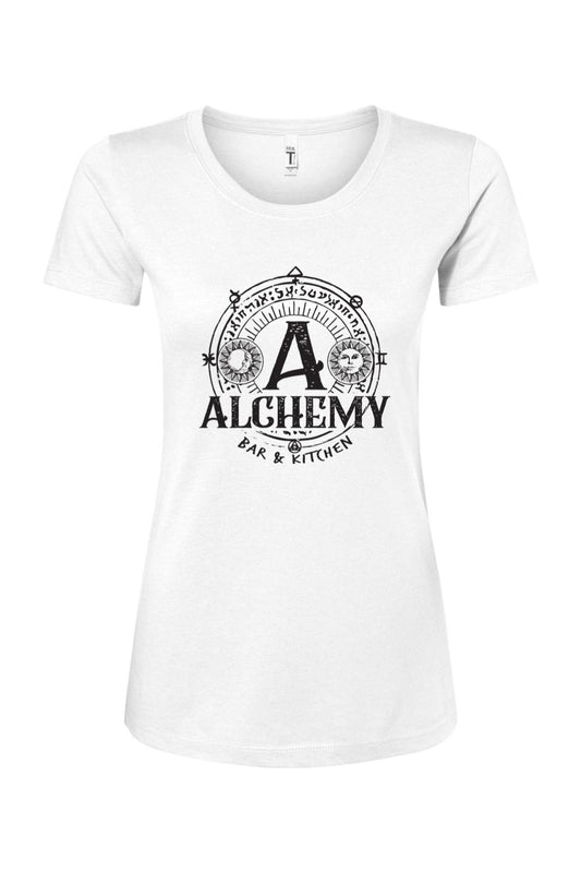 White women's crew neck t-shirt featuring a black Alchemy Bar & Kitchen logo with sun and moon celestial graphics.