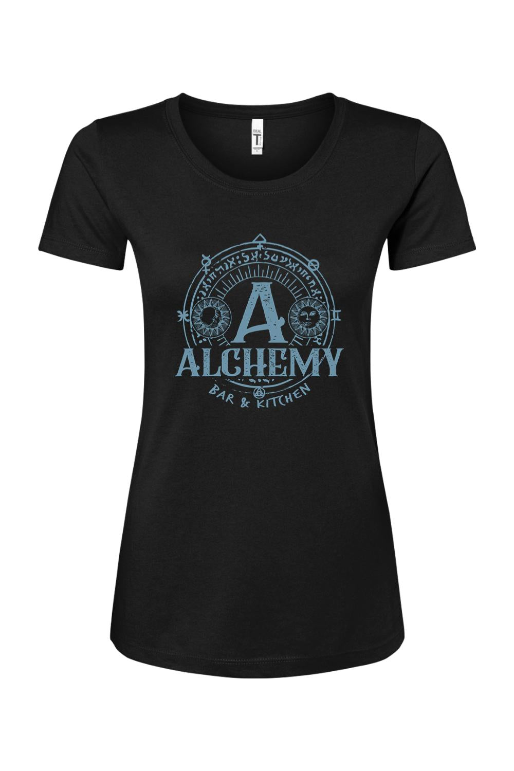 Black women's cotton-blend t-shirt featuring a blue Alchemy Bar & Kitchen logo with sun and moon celestial graphics.
