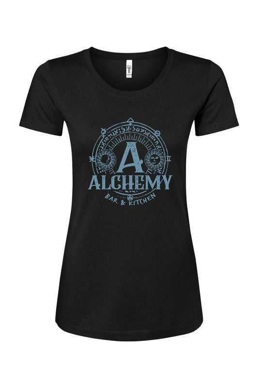 Black women's cotton-blend t-shirt featuring a blue Alchemy Bar & Kitchen logo with sun and moon celestial graphics.