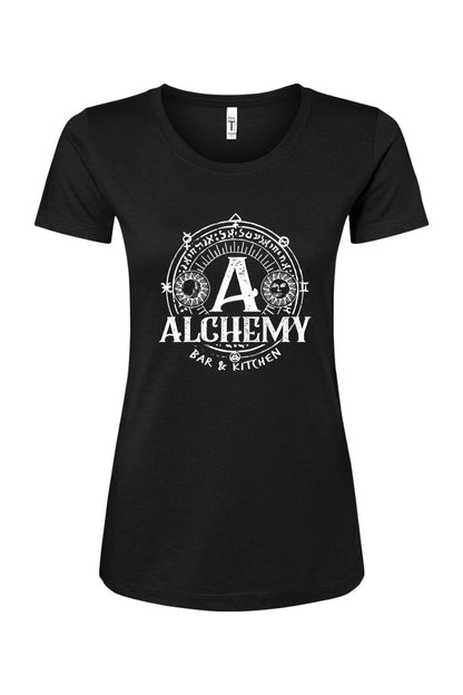 Black women's cotton-blend t-shirt featuring a white Alchemy Bar & Kitchen occult-inspired graphic print.